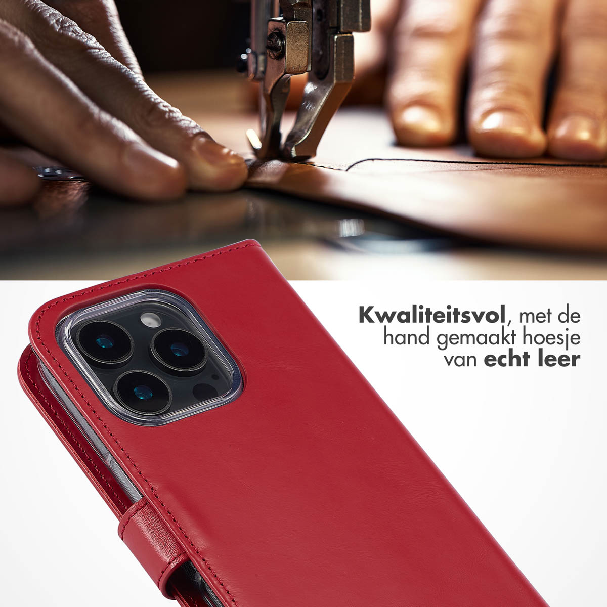 Leren telefoonhoes wordt genaaid. Toont rood leer en magnetische sluiting.