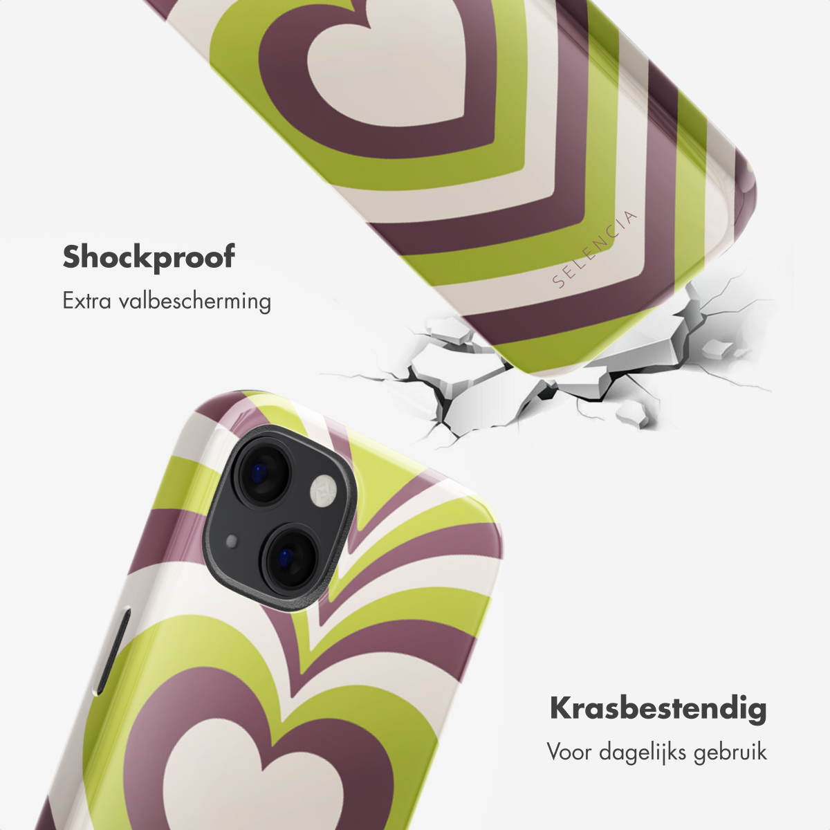 Coque de téléphone avec motif de cœur tombant, surface fissurée, texte sur antichoc.