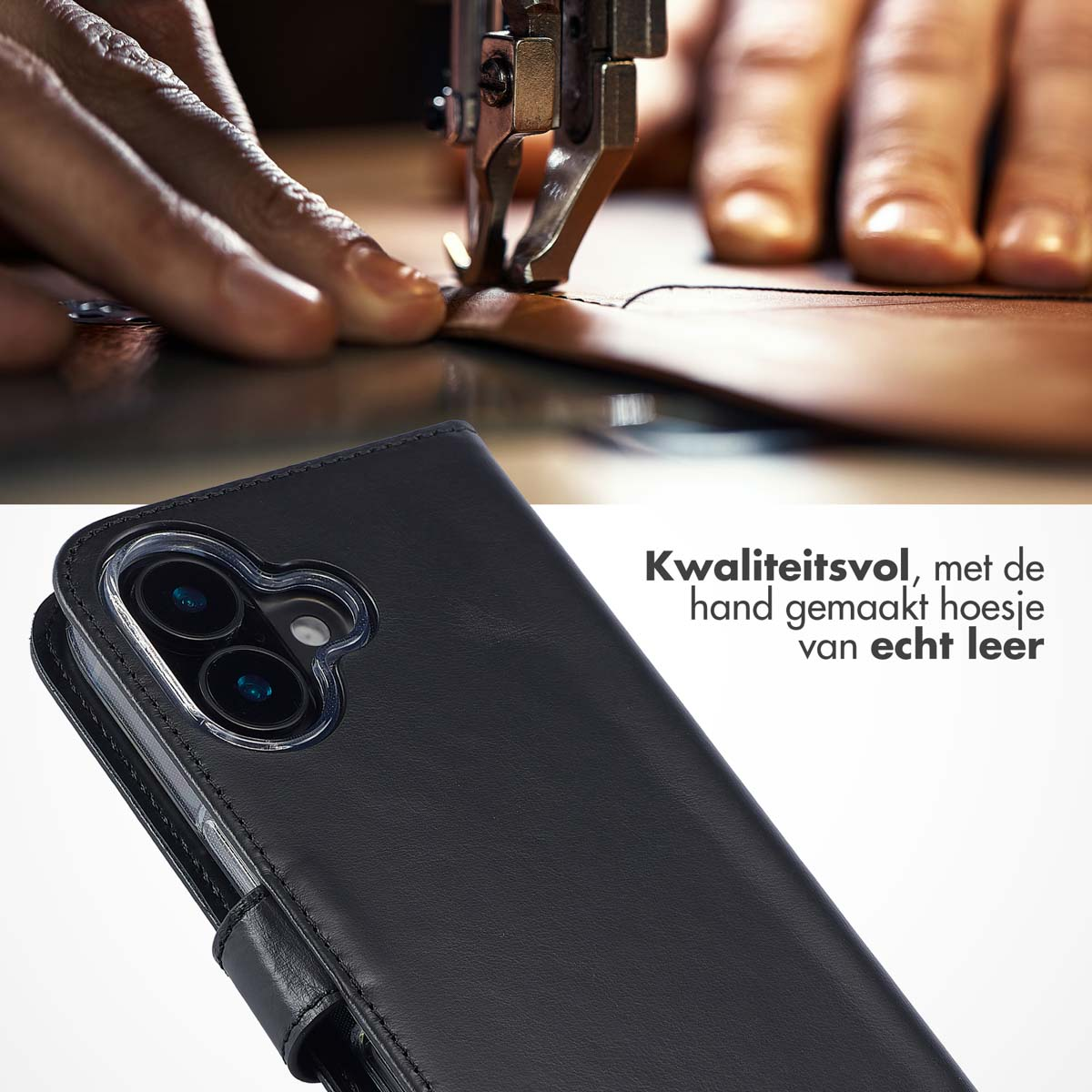 Telefoonhoes met leertextuur, machinaal naaien. Tekst: Hoogwaardige, handgemaakte leren hoes.