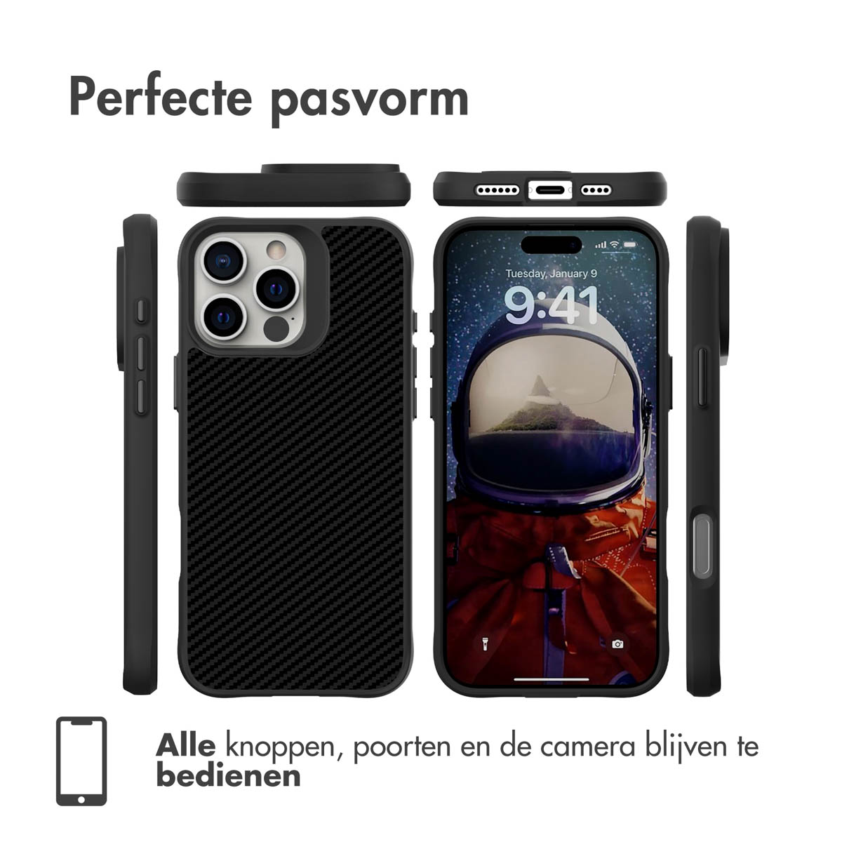 Custodia nera per telefono, mostra varie viste e una silhouette del telefono con testo.