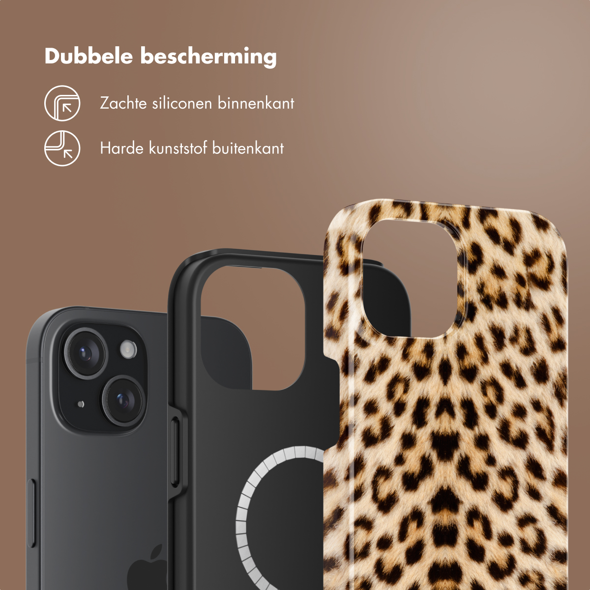 Coques de téléphone. Une noire, une autre à imprimé léopard. Texte : « double protection » en néerlandais.