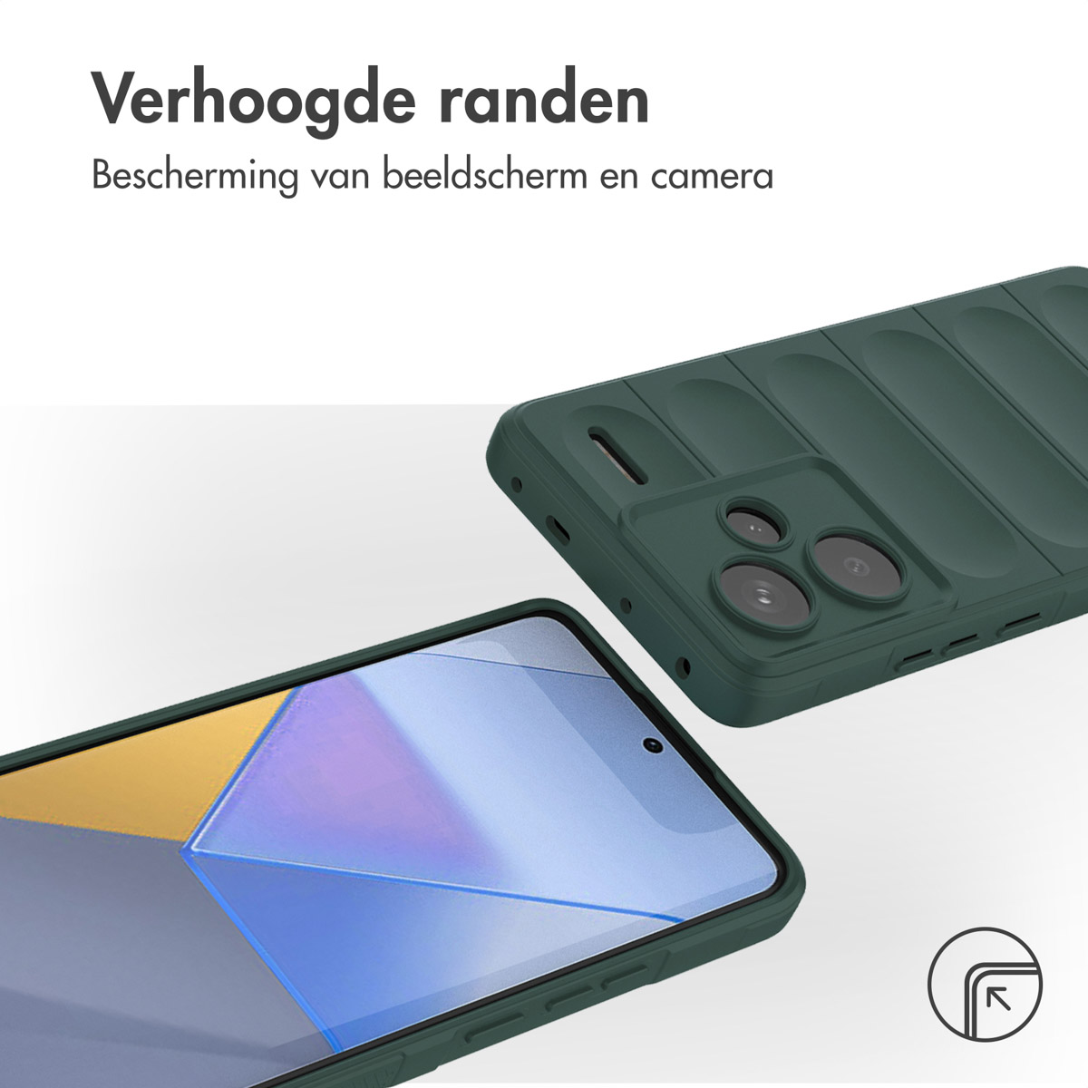 Een groene telefoonhoes beschermt de telefoon. De verhoogde randen beschermen het scherm en de camera.