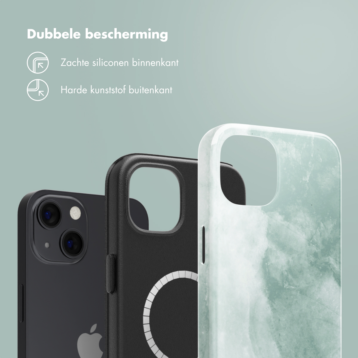 Trois coques de téléphone, montrant une coque avec un cercle magsafe et le texte : Double protection.