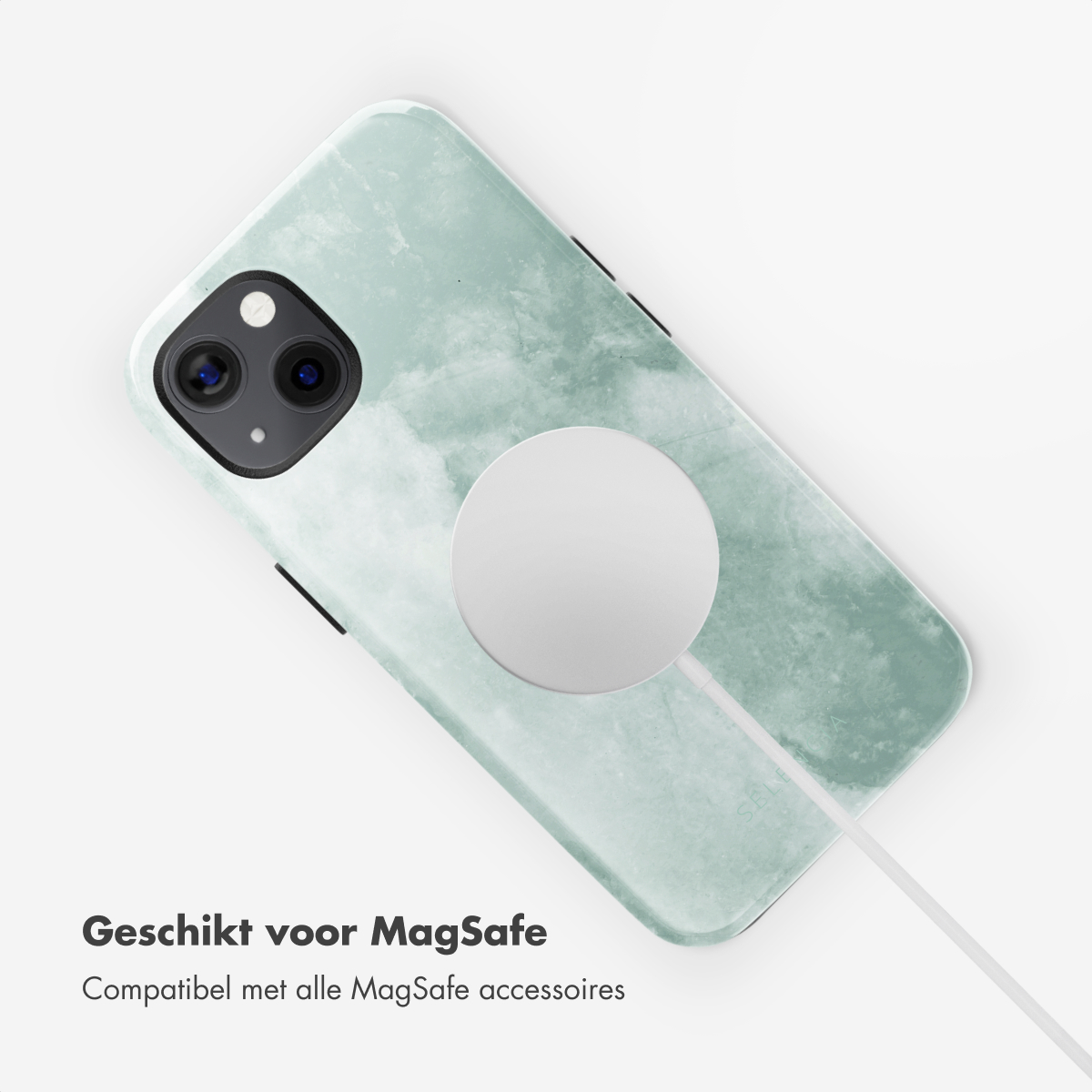 Un téléphone dans un étui vert menthe avec un chargeur sans fil blanc. Le texte dit 'Convient pour MagSafe'.