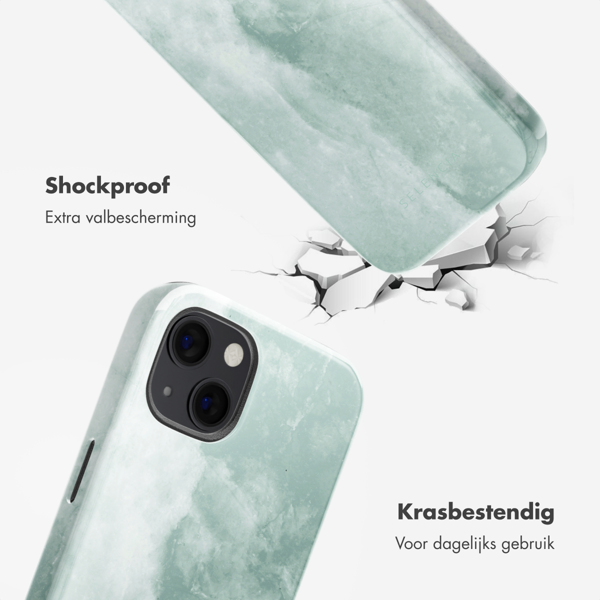Coque de téléphone vert menthe avec motif marbre blanc. La coque est partiellement cassée. Fond blanc avec texte.