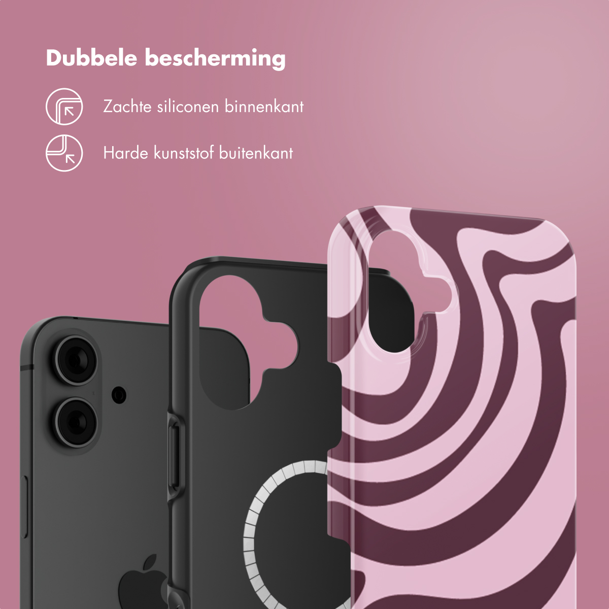 Drie telefoonhoesjes, zwart, grijs en roze werveling. De roze hoes zit rechts. De hoesjes zijn gelaagd.