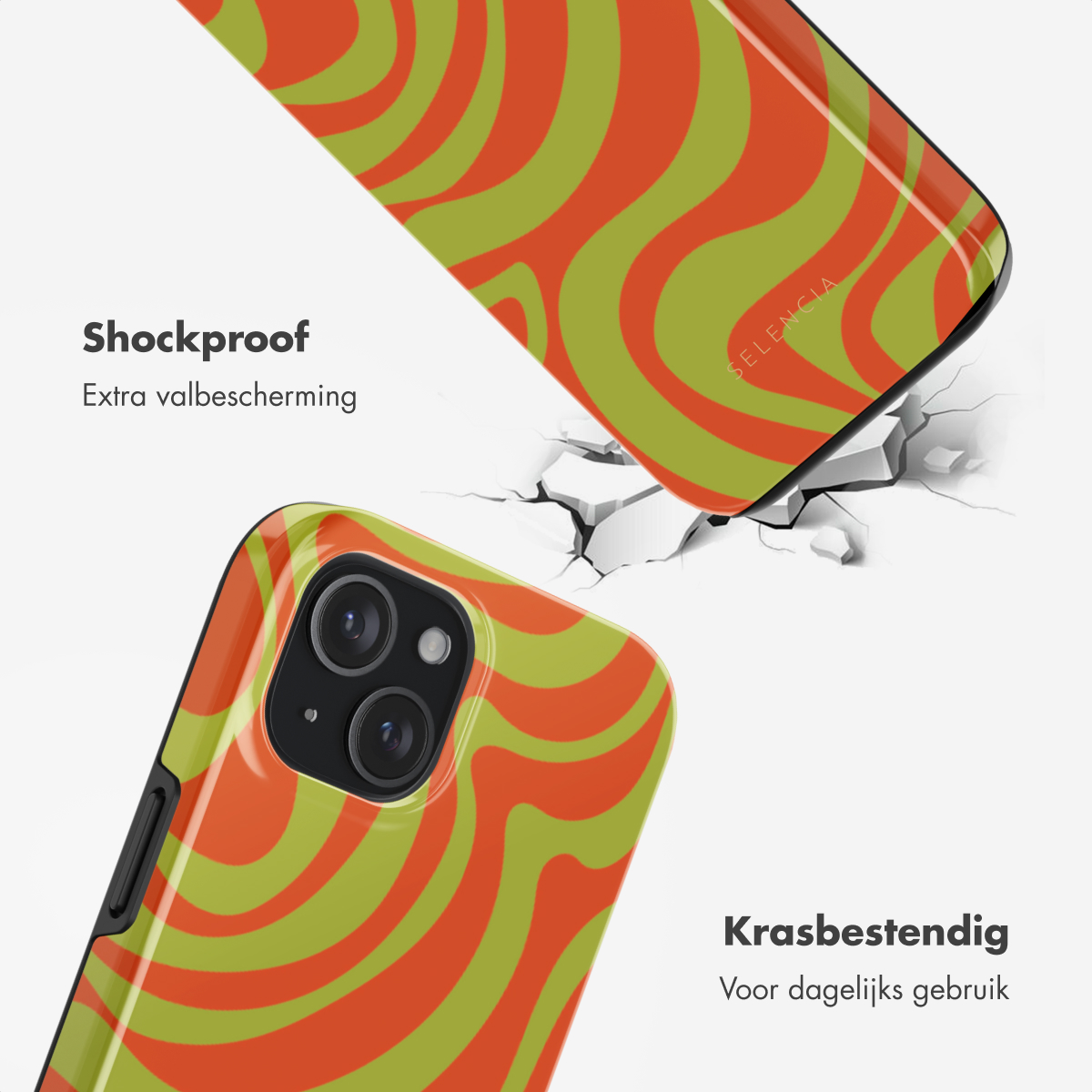 Telefoonhoes met oranje en groene golvende lijnen. Tekst: Schokbestendig, Extra valbescherming en krasbestendig.