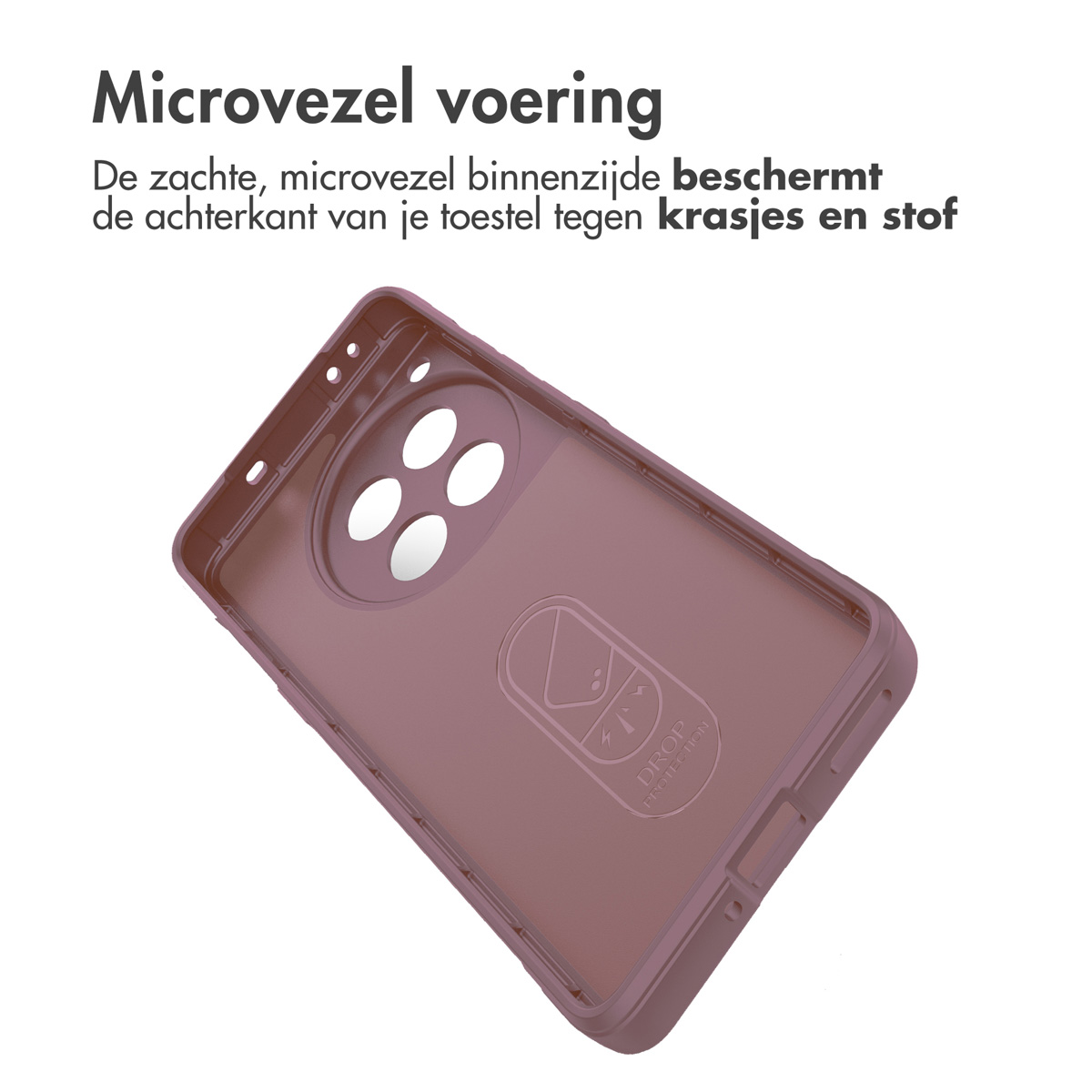 Custodia viola per telefono con un telefono all'interno. La custodia ha una fodera in microfibra e protegge il retro.