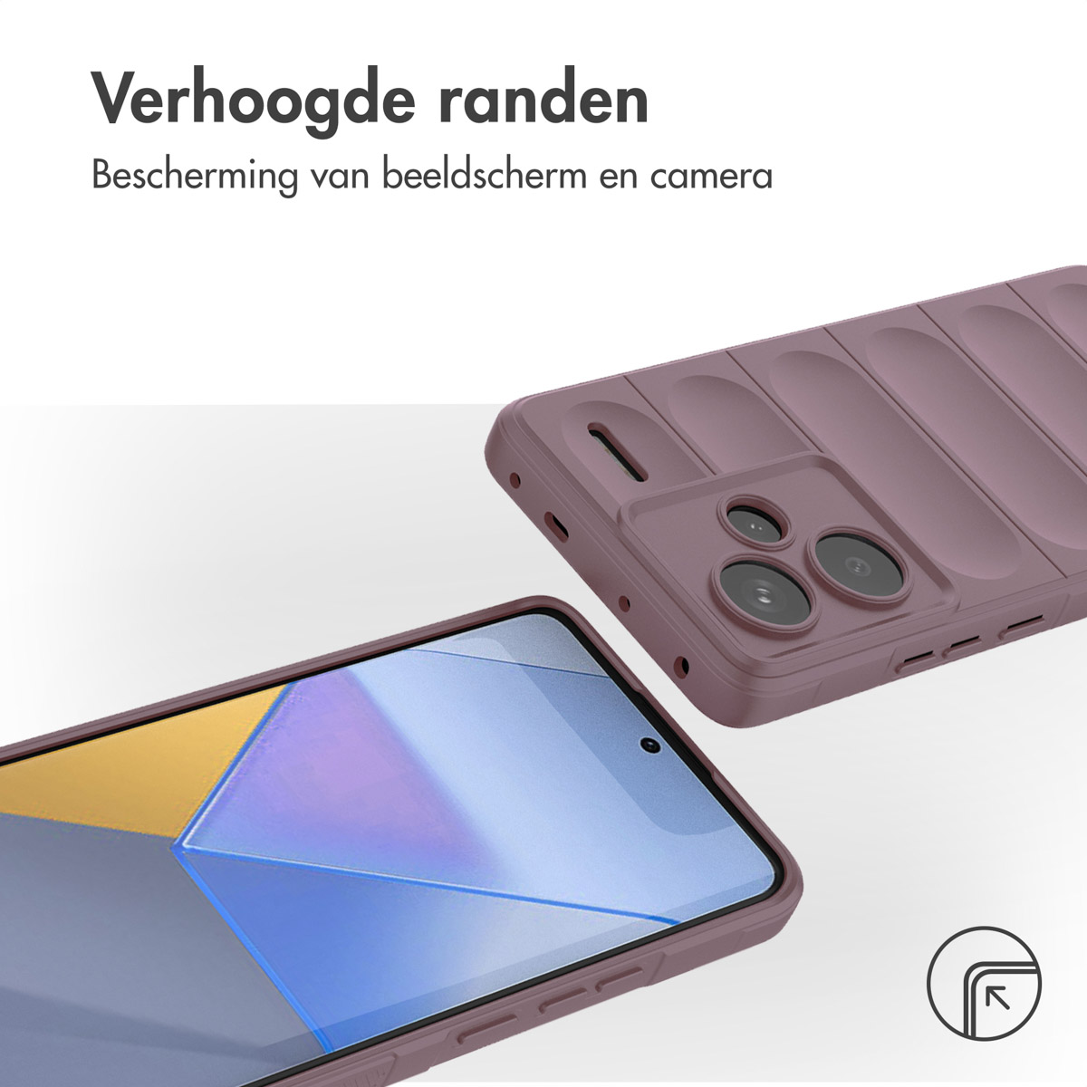 Paars telefoonhoesje met open hoes en telefoon. Nederlandse tekst 'Verhoogde randen'.