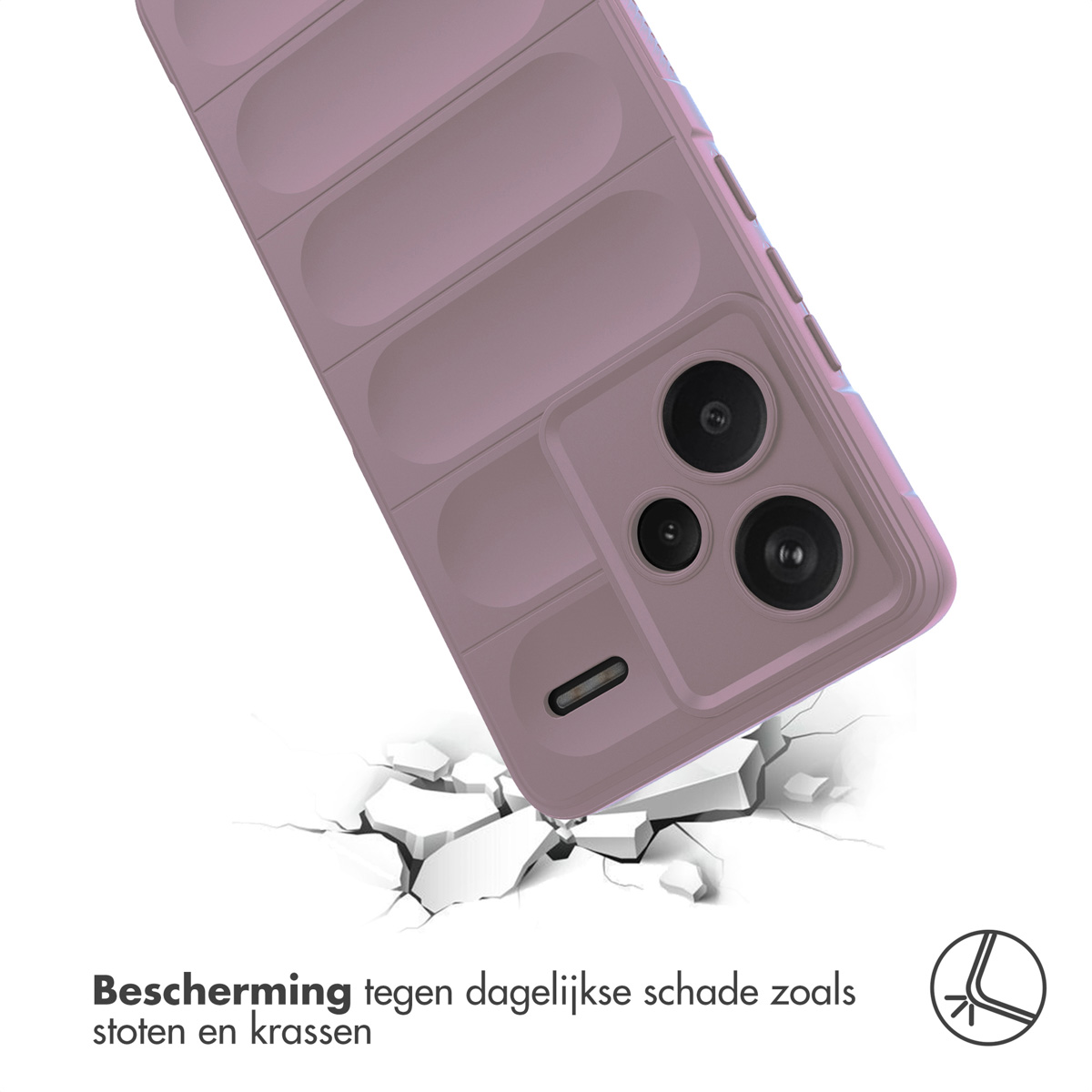 Telefoonhoesje op een oppervlak. Paars, toont bescherming tegen schade.