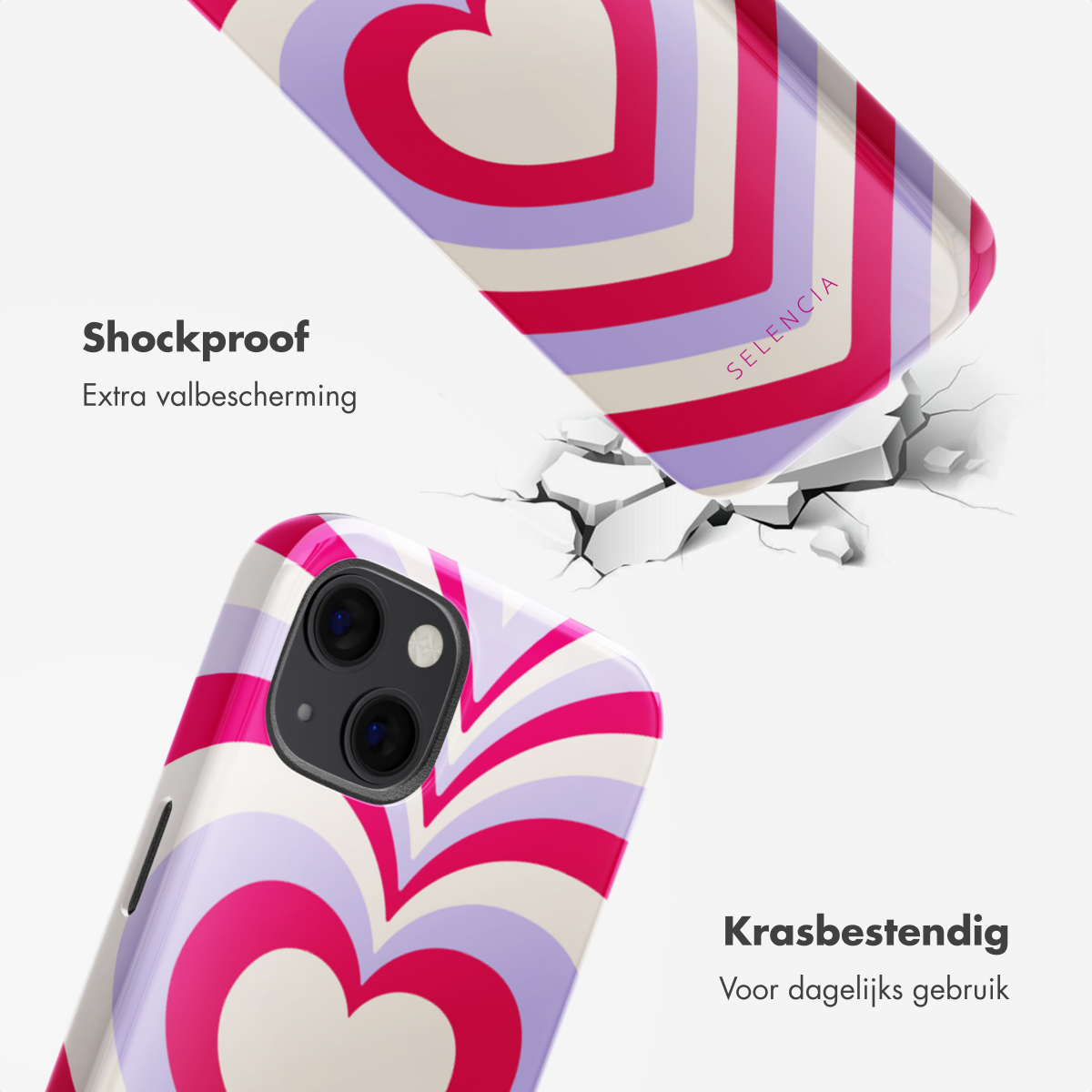 Deux coques de téléphone, une avec un motif de cœur et l'autre noire. Le texte sur les coques dit Antichoc et Krasbestendig.