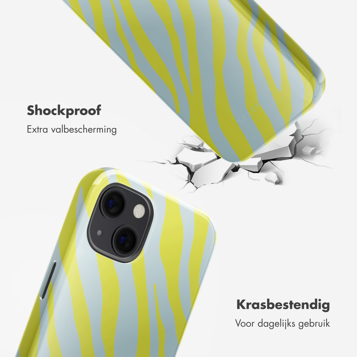 Coque de téléphone avec un imprimé zèbre. La coque est jaune et bleu clair. Le texte dit : 'Antichoc' et 'Résistant aux rayures'.