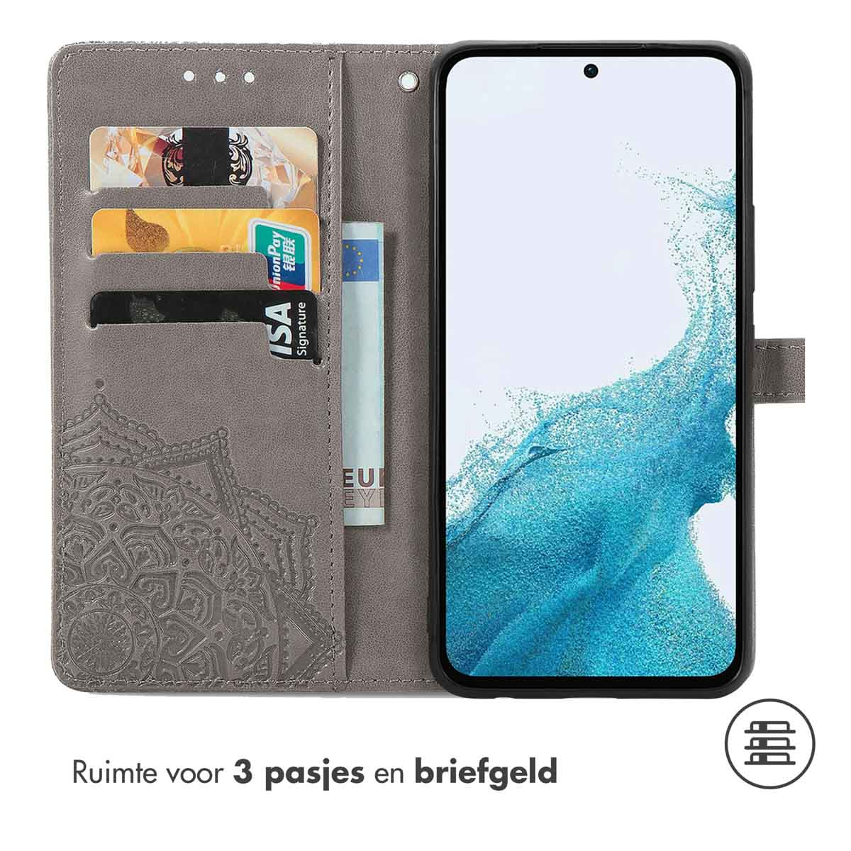 Un portefeuille de téléphone gris ouvert, montrant des emplacements pour cartes et un téléphone. L'écran du téléphone est allumé.