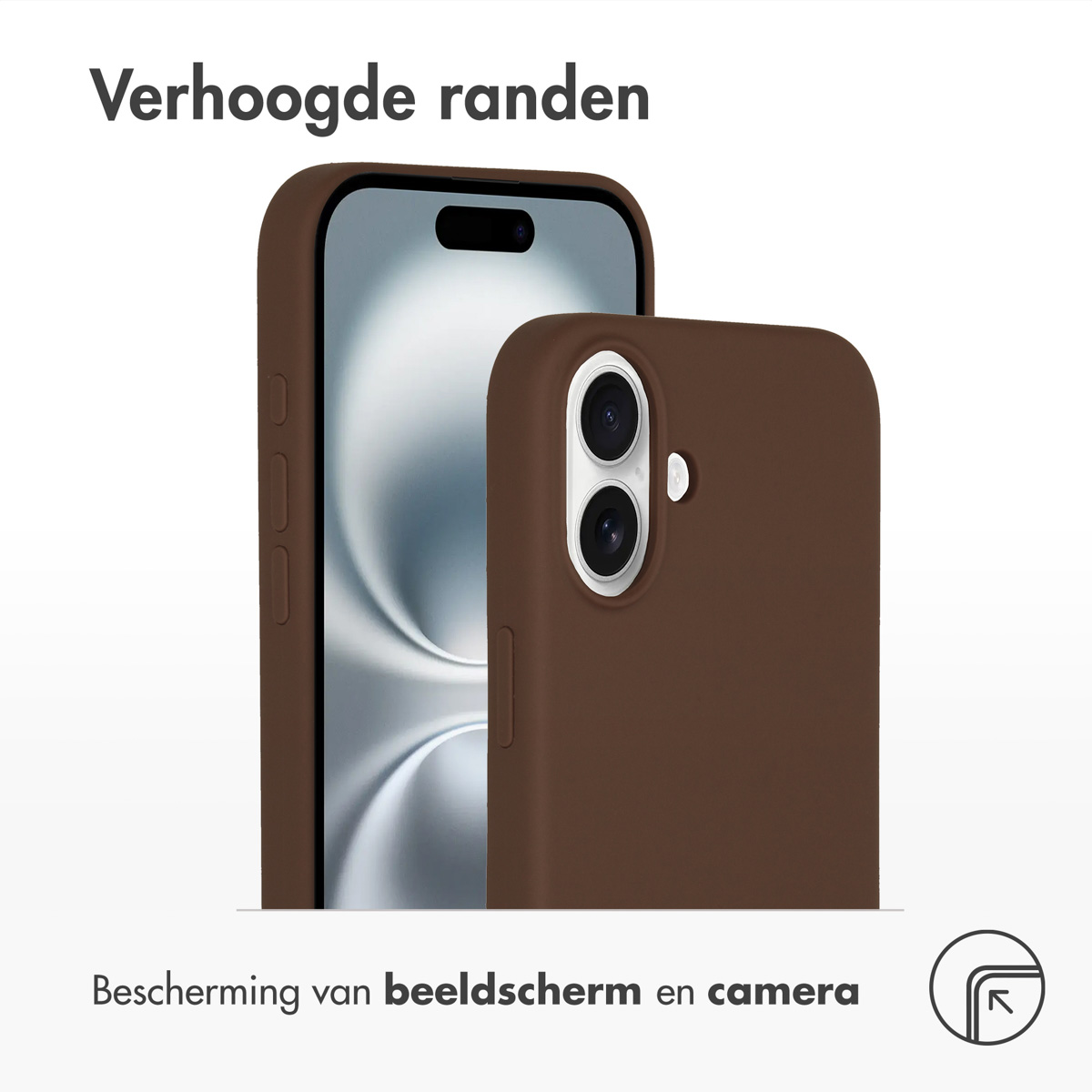 Custodia marrone per telefono con telefono. Il testo menziona bordi rialzati e protezione schermo/fotocamera.