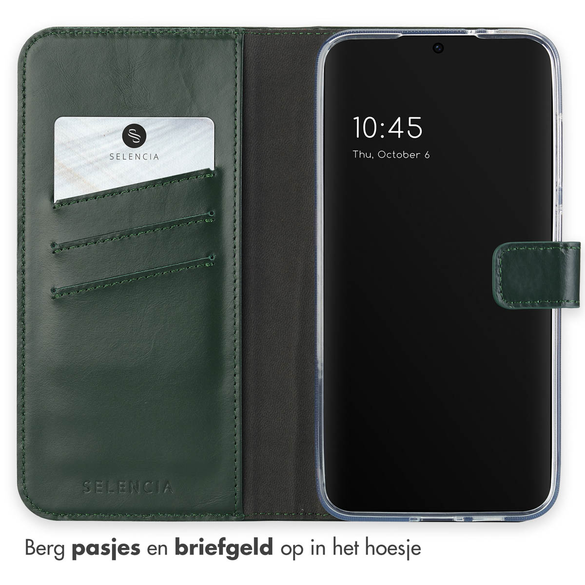 Een telefoon in een groene leren portemonnee-etui met een zichtbare creditcard.