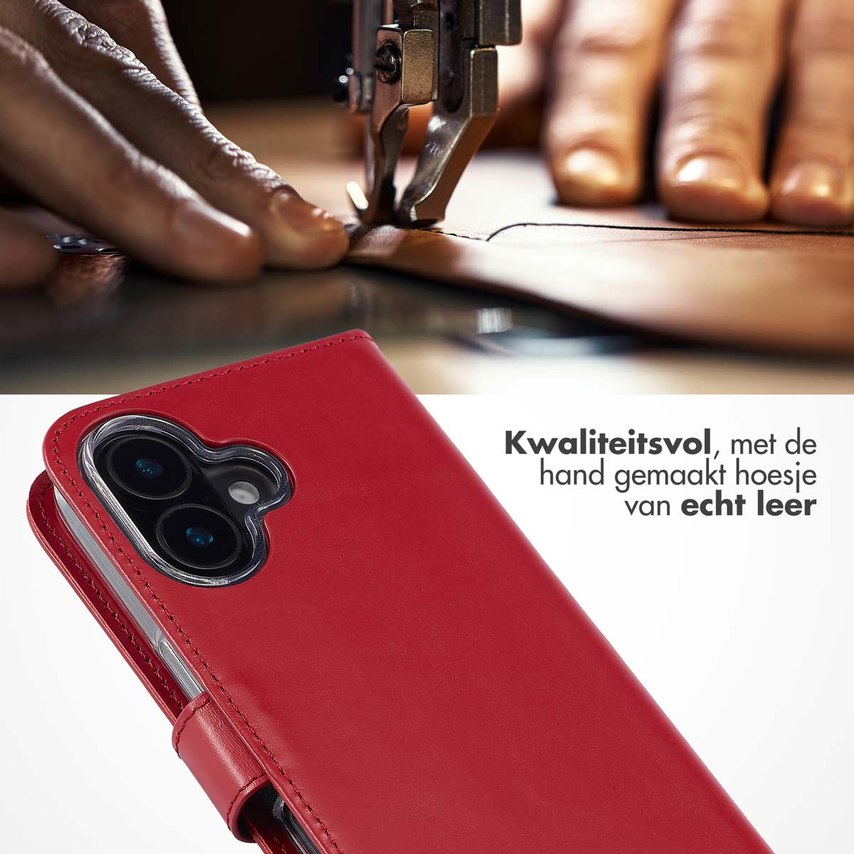 Close-up van een rode leren telefoonhoes die wordt genaaid. Tekst: 'Hoogwaardige, handgemaakte leren hoes'.