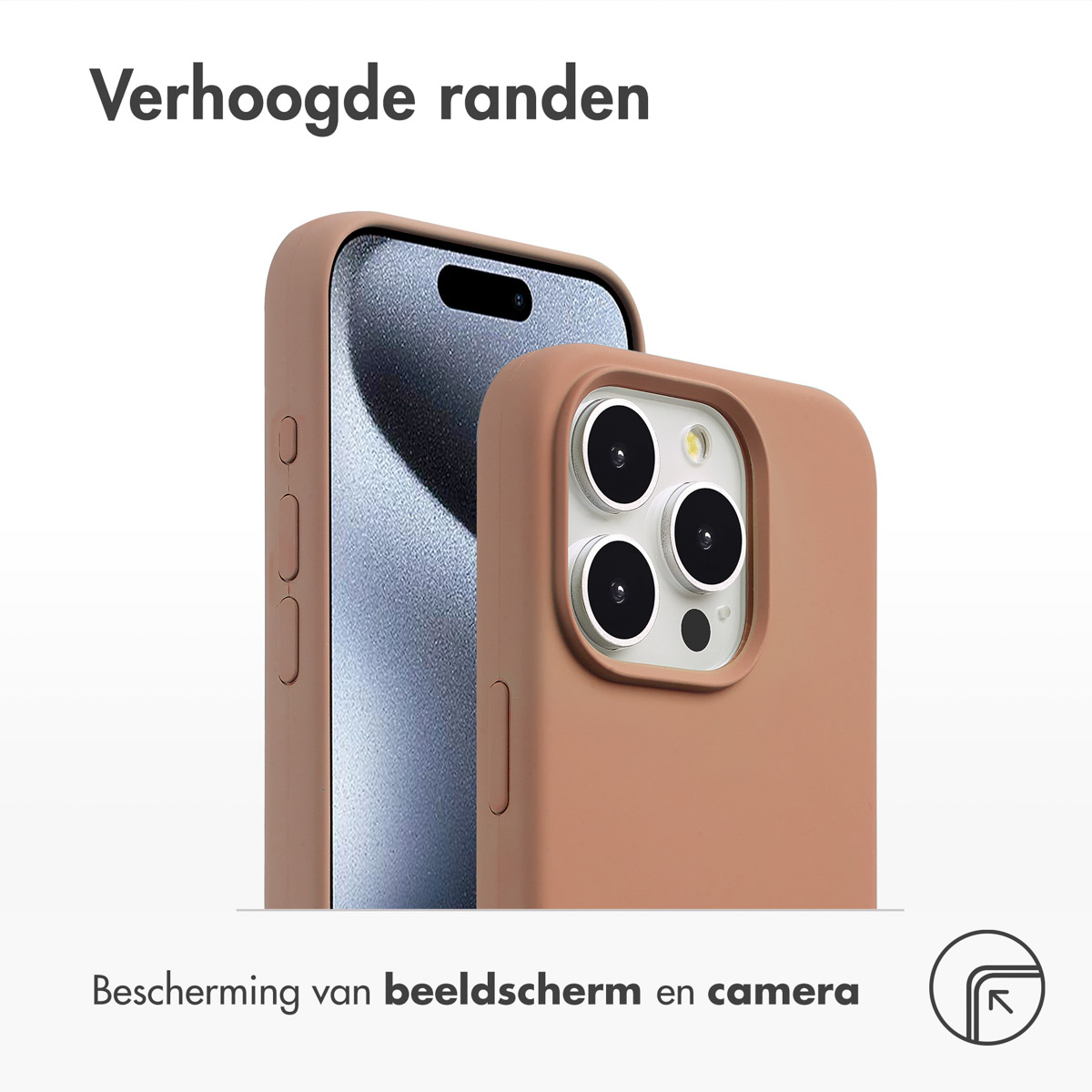 Telefon mit brauner Hülle, Text: Verhoogde randen und zusätzlicher Schutz.