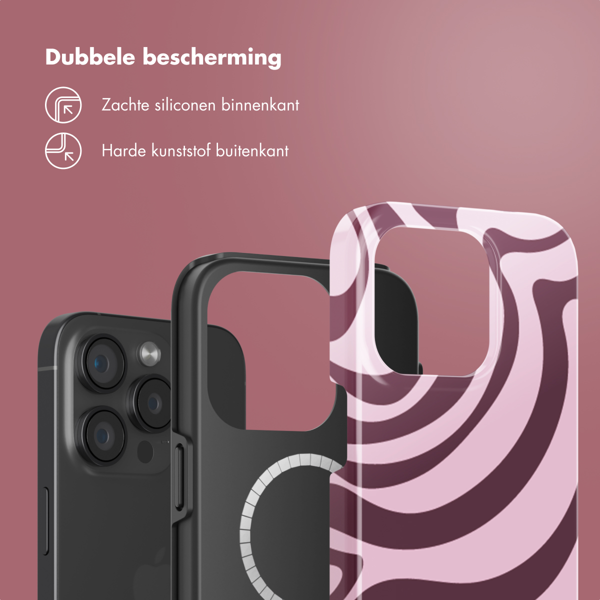 Trois coques de téléphone, une noire, une avec un motif ondulé et une avec un téléphone à l'intérieur. Du texte est présent.