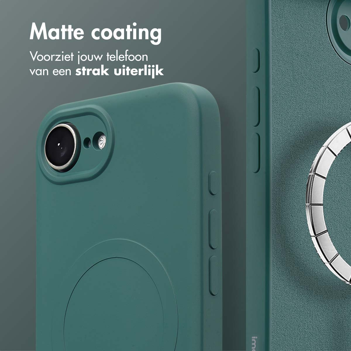 Gros plan d'une coque de téléphone verte avec cercle et boutons. Texte: revêtement mat, aspect élégant.