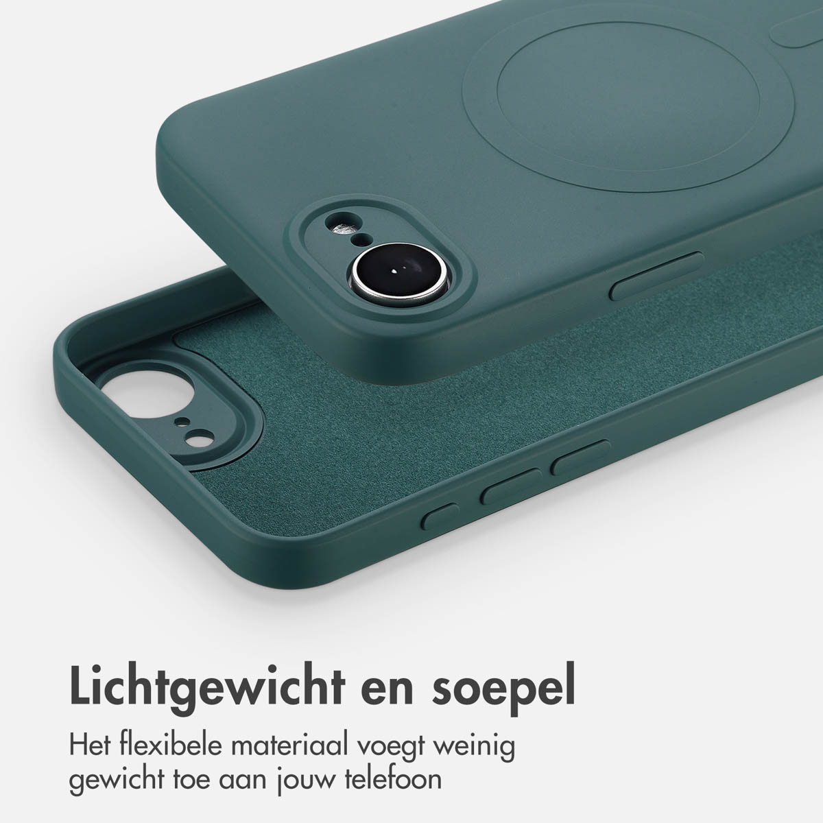 Coque de téléphone sarcelle. Texte : Lichtgewicht en soepel, Het flexibele materiaal voegt weinig gewicht toe...