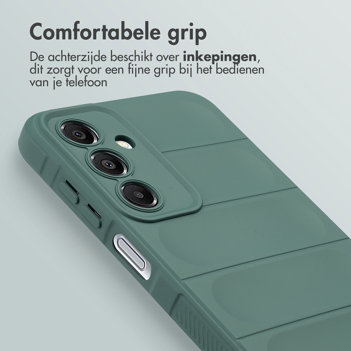 Coque de téléphone verte avec lignes horizontales. Design simple avec bouton latéral et découpes caméra.