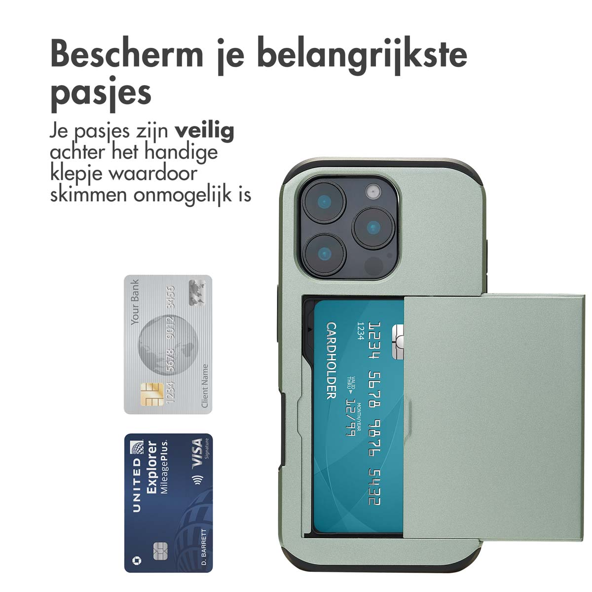 Een telefoonhoesje met een kaarthouder, met kaarten en een gesloten kaartsleuf.