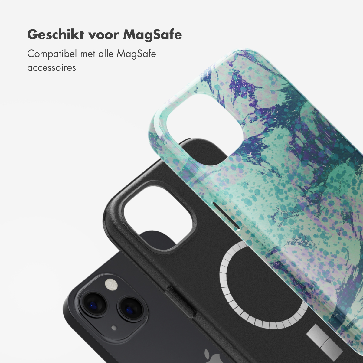 Coque de téléphone avec une couverture à motifs et un téléphone, avec texte 'Geschikt voor MagSafe'.