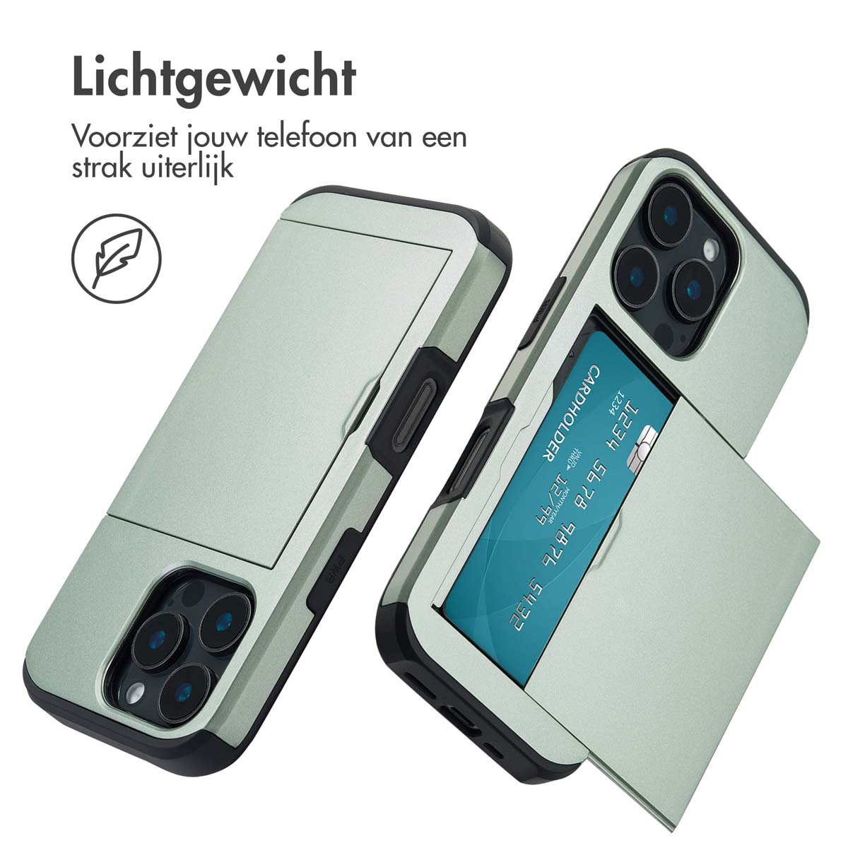 Twee telefoonhoesjes in een lichtgroene kleur. De tekst zegt 'Lichtgewicht' en toont een kaartsleuf.