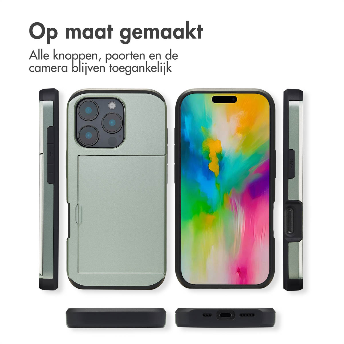 Een telefoon in een groene hoes, met verschillende weergaven en tekst erop.