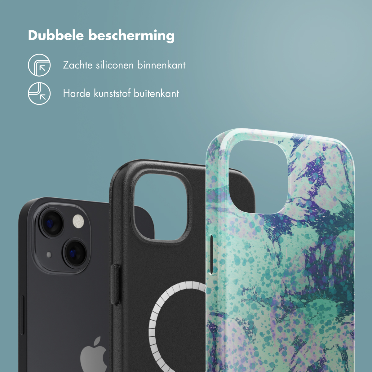 Trois étuis de téléphone sur fond bleu, avec le texte 'Double protection'.
