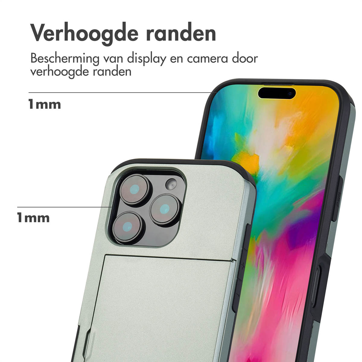 Telefoonhoesje met display en camera beschermd door randen. De telefoon zit in de hoes.