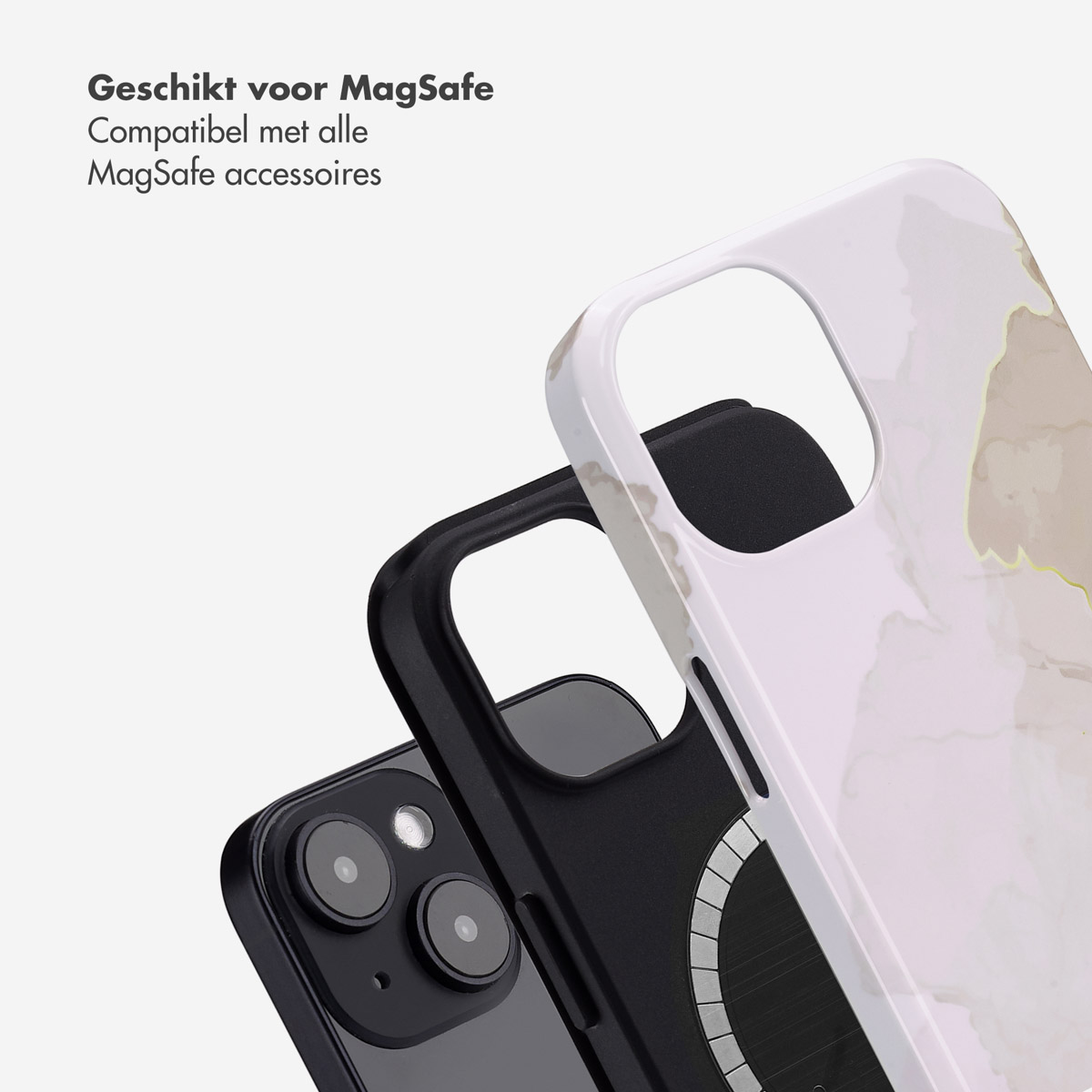 Telefoonhoesjes, wit en zwart. Tekst: Geschikt voor MagSafe, compatibel met alle MagSafe accessoires.