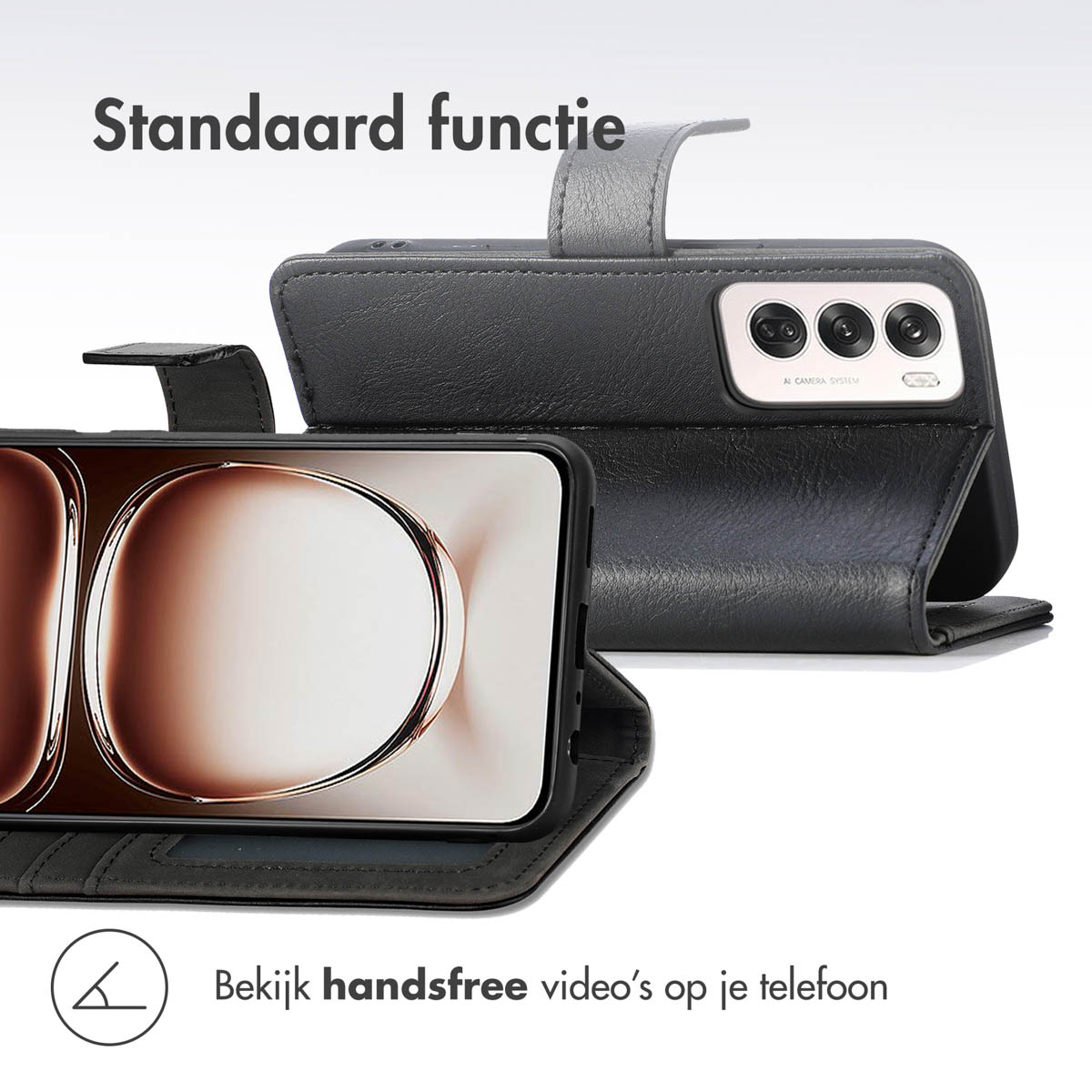 Een telefoon in een hoesje, met het hoesje open, dat het scherm toont. Tekst: "Standaard functie" en andere details.