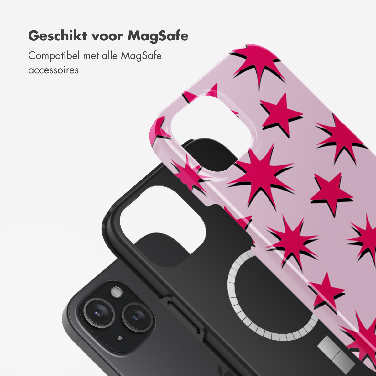 Een telefoonhoesje met een sterrenpatroon, getoond met een telefoon erin en ervan gescheiden.