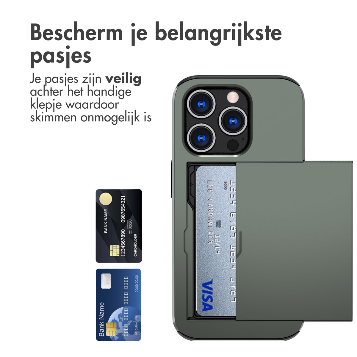 Telefoonhoes met een verborgen kaartsleuf, kaarten en een groene kleur tonend.