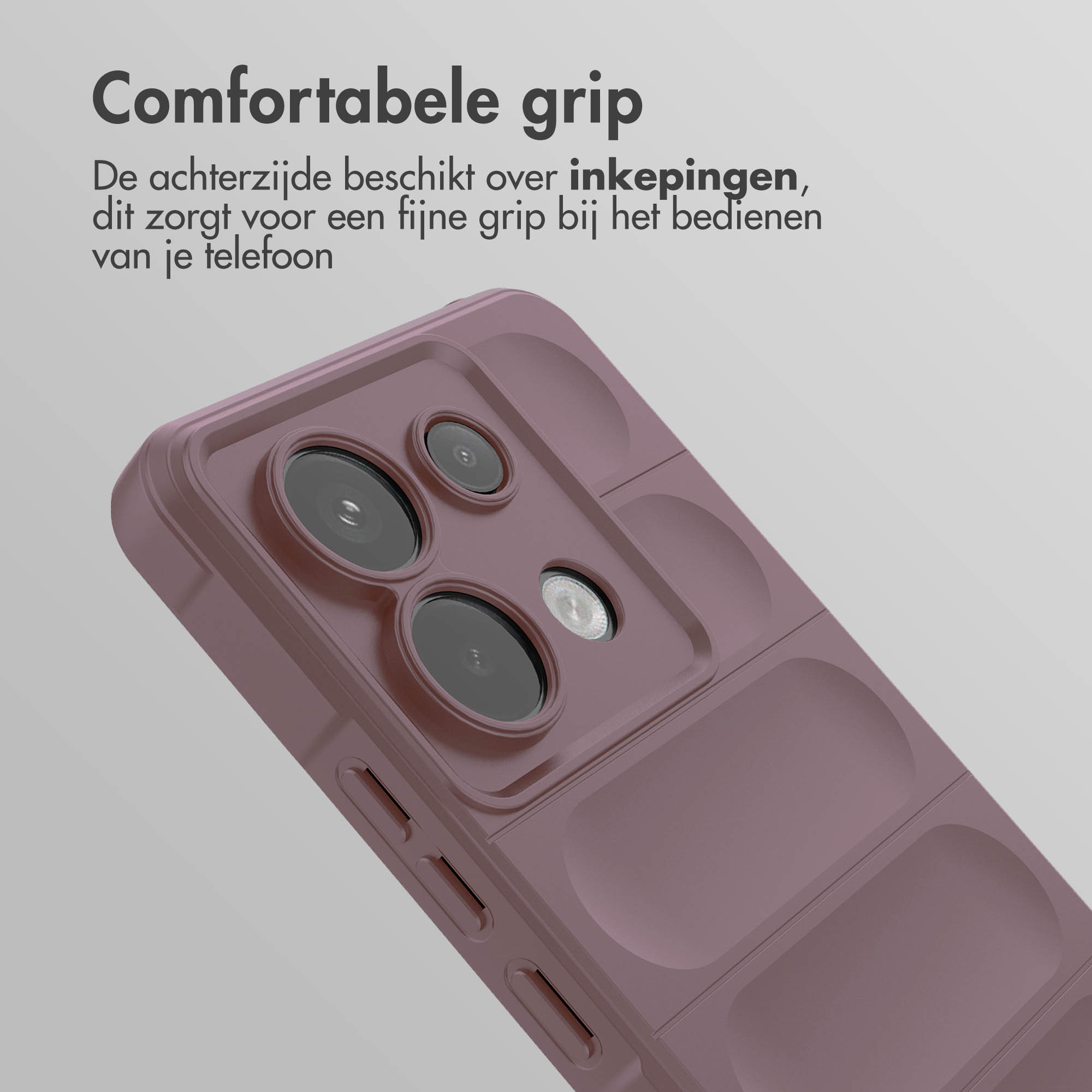 Een paarse telefoonhoes met inkepingen aan de achterkant. De telefoonhoes staat op de voorgrond.