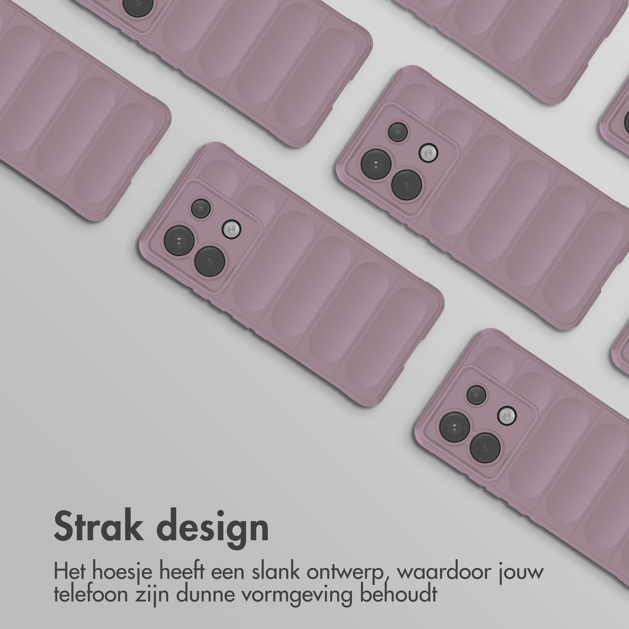 Meerdere paarse telefoonhoesjes op een oppervlak gerangschikt. Nederlandse tekst.