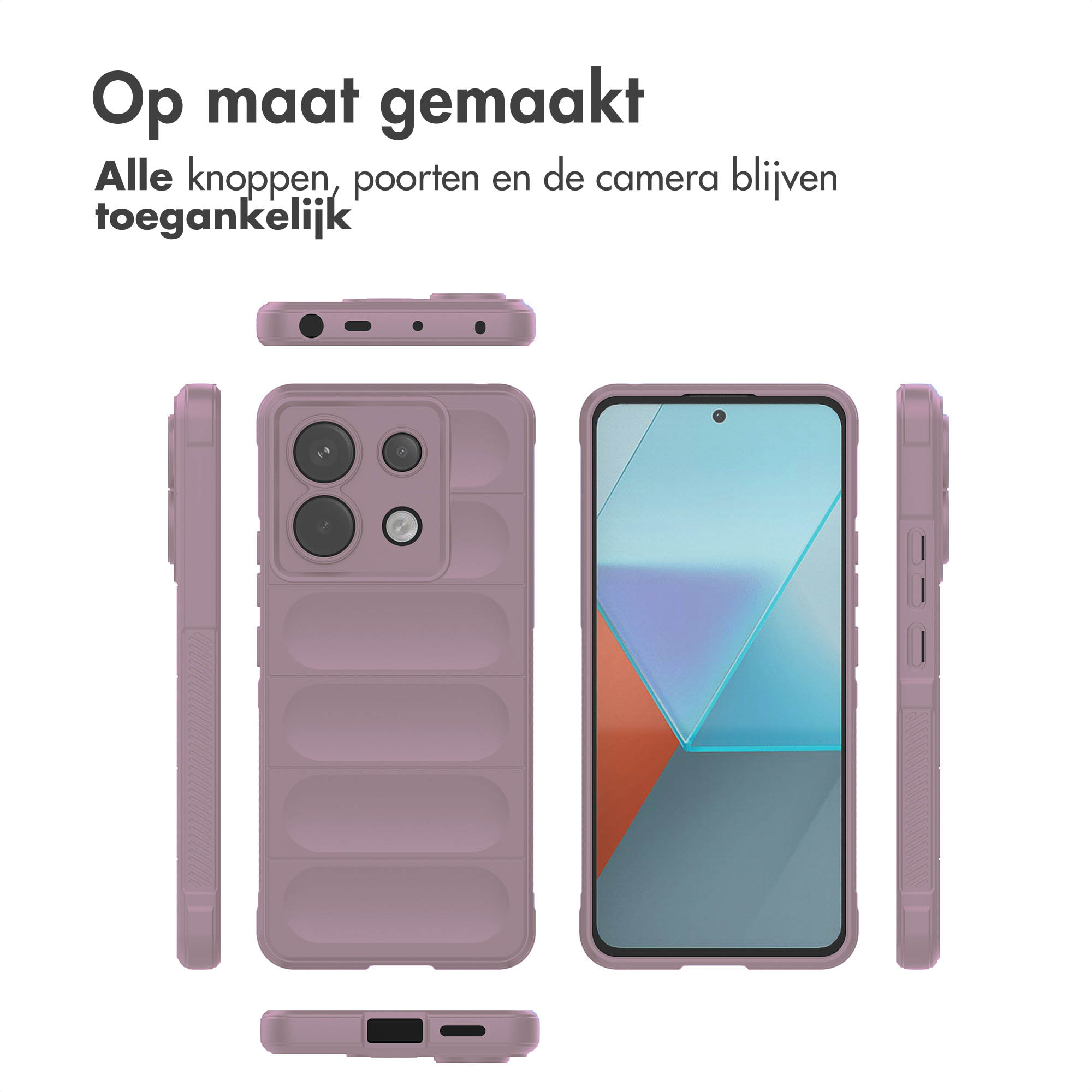 Verschillende aanzichten van een paarse telefoonhoes. Tekst: 'op maat gemaakt'.