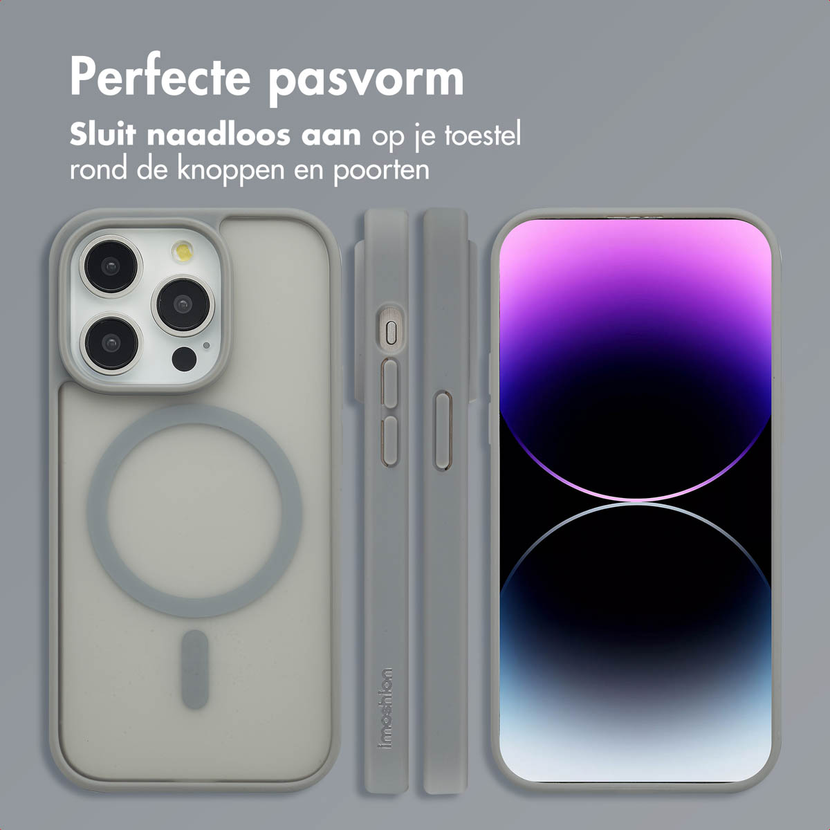 Coque grise avec MagSafe, montrant trois vues latérales.