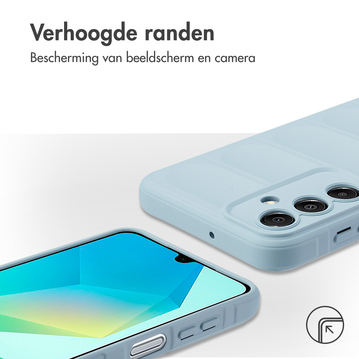 Een telefoonhoesje met een lichtblauwe kleur, met een telefoon en de camerapunt. De telefoonhoes heeft verhoogde randen.