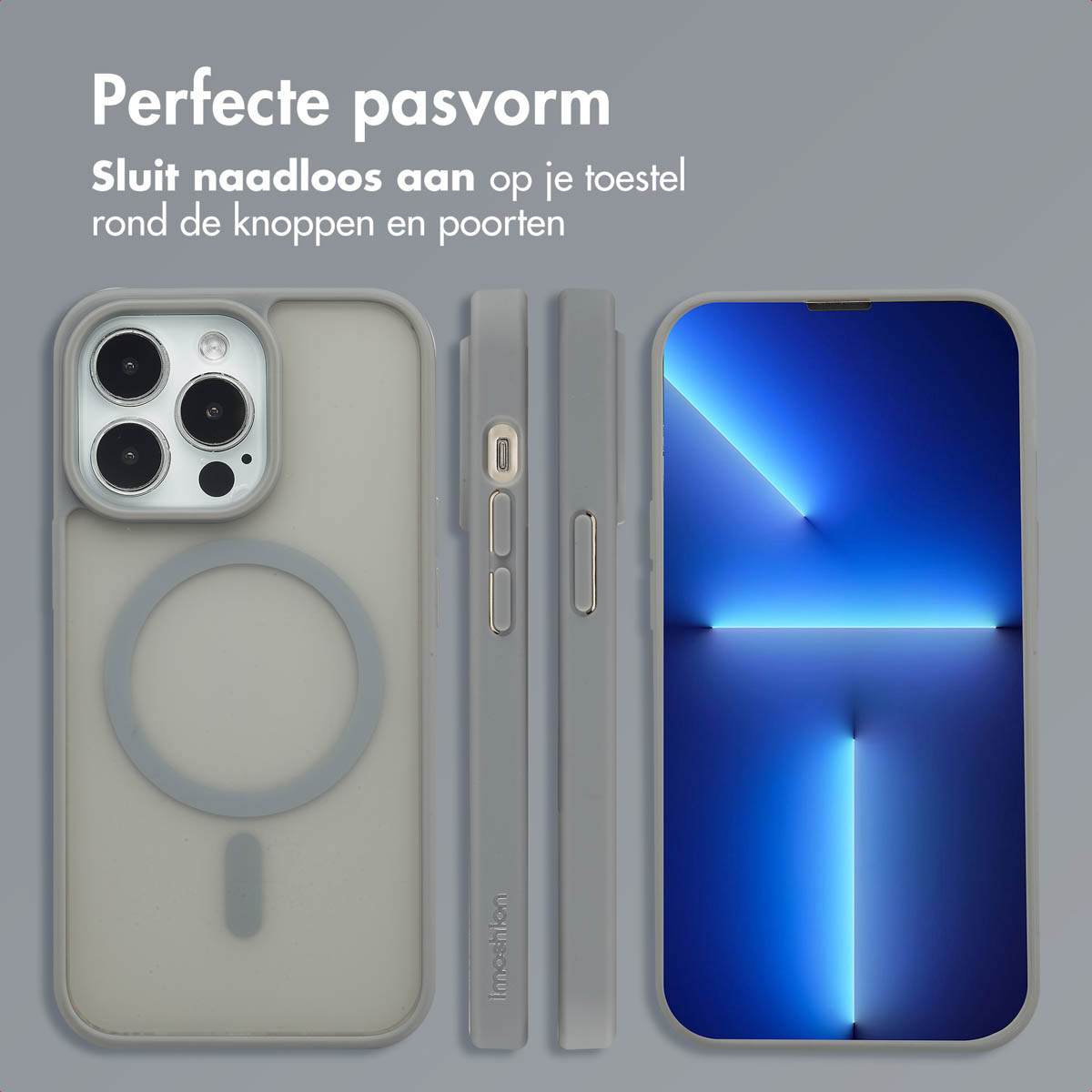 Coque de téléphone avec ajustement parfait, trois angles. Coque grise avec un anneau et un téléphone avec écran bleu.