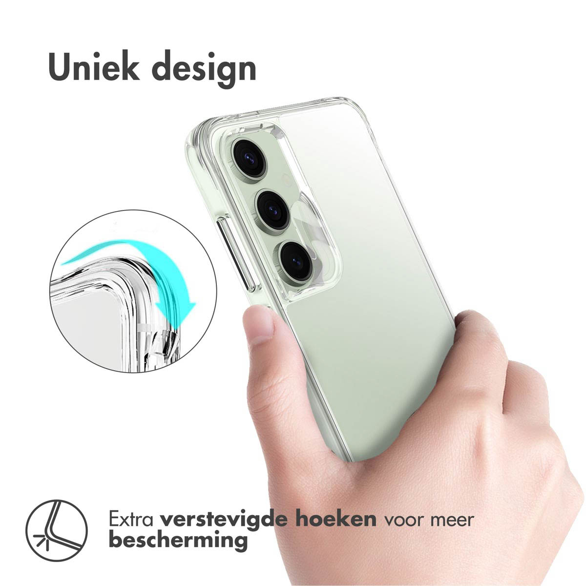 Transparante telefoonhoes in een hand met een telefoon. Pijlen tonen versterkte hoeken voor meer bescherming.