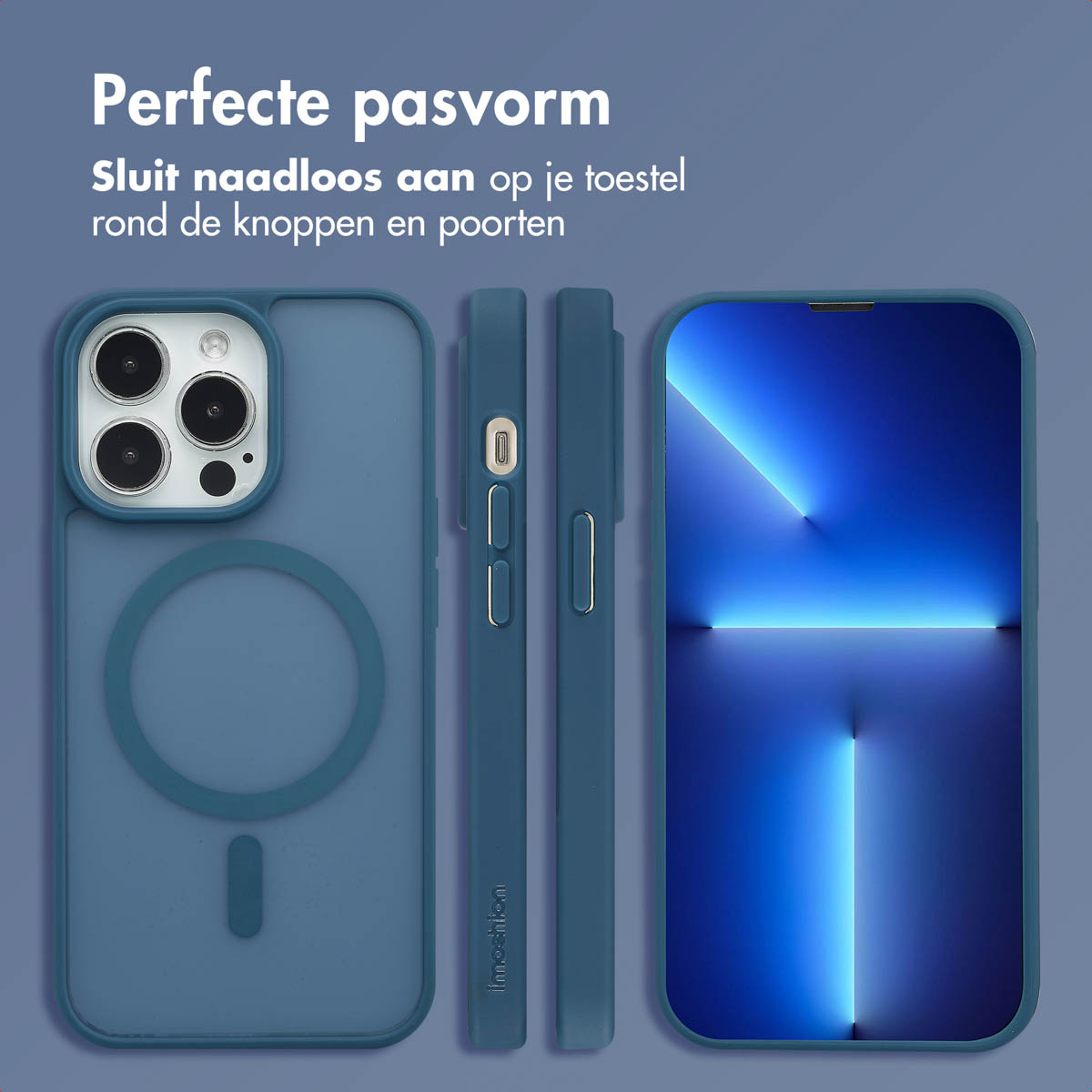 Coque de téléphone avec ajustement parfait, trois angles. Coque bleue avec un téléphone avec écran bleu.