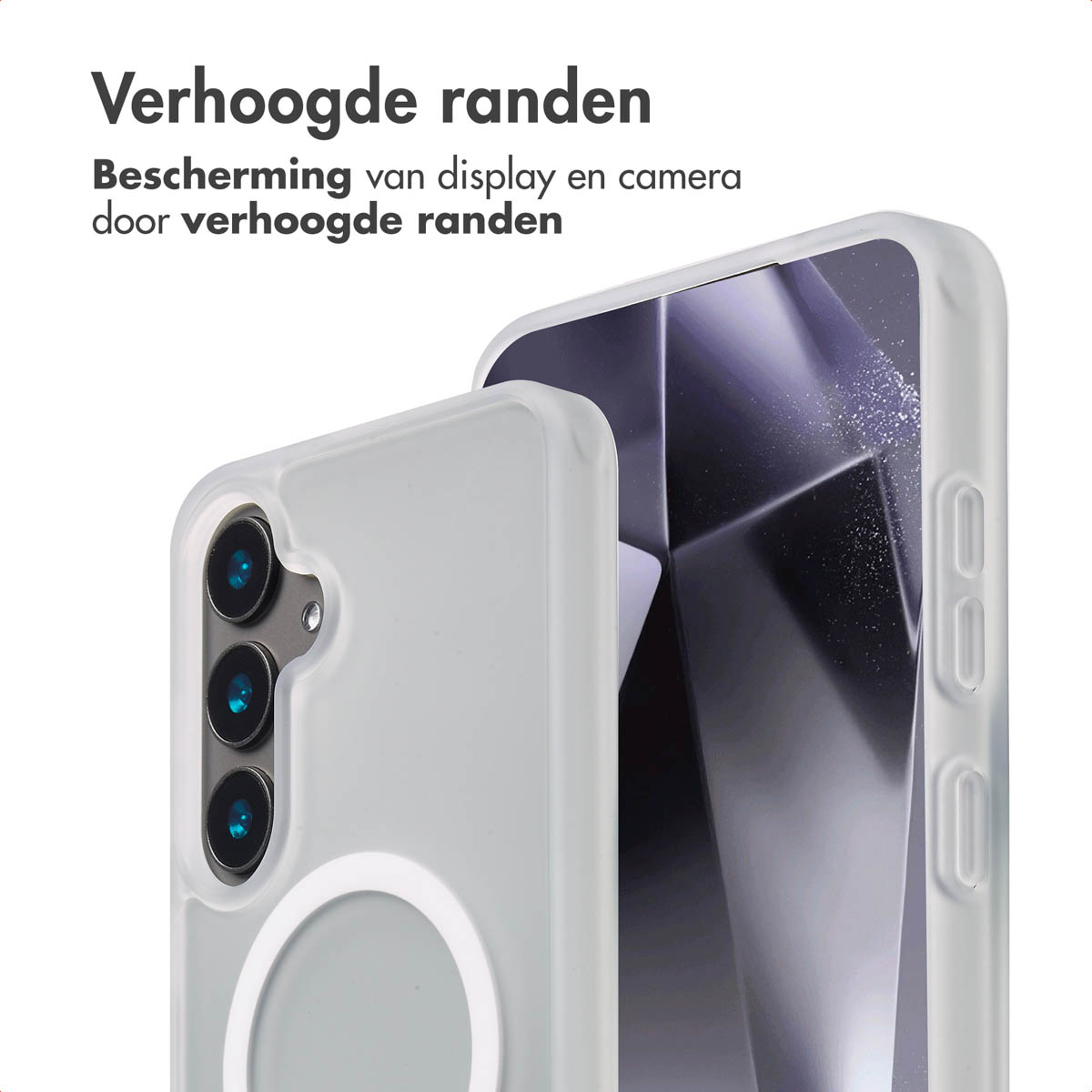 Een telefoonhoesje met verhoogde randen, ter bescherming van de camera en het scherm. De hoes is grijs.