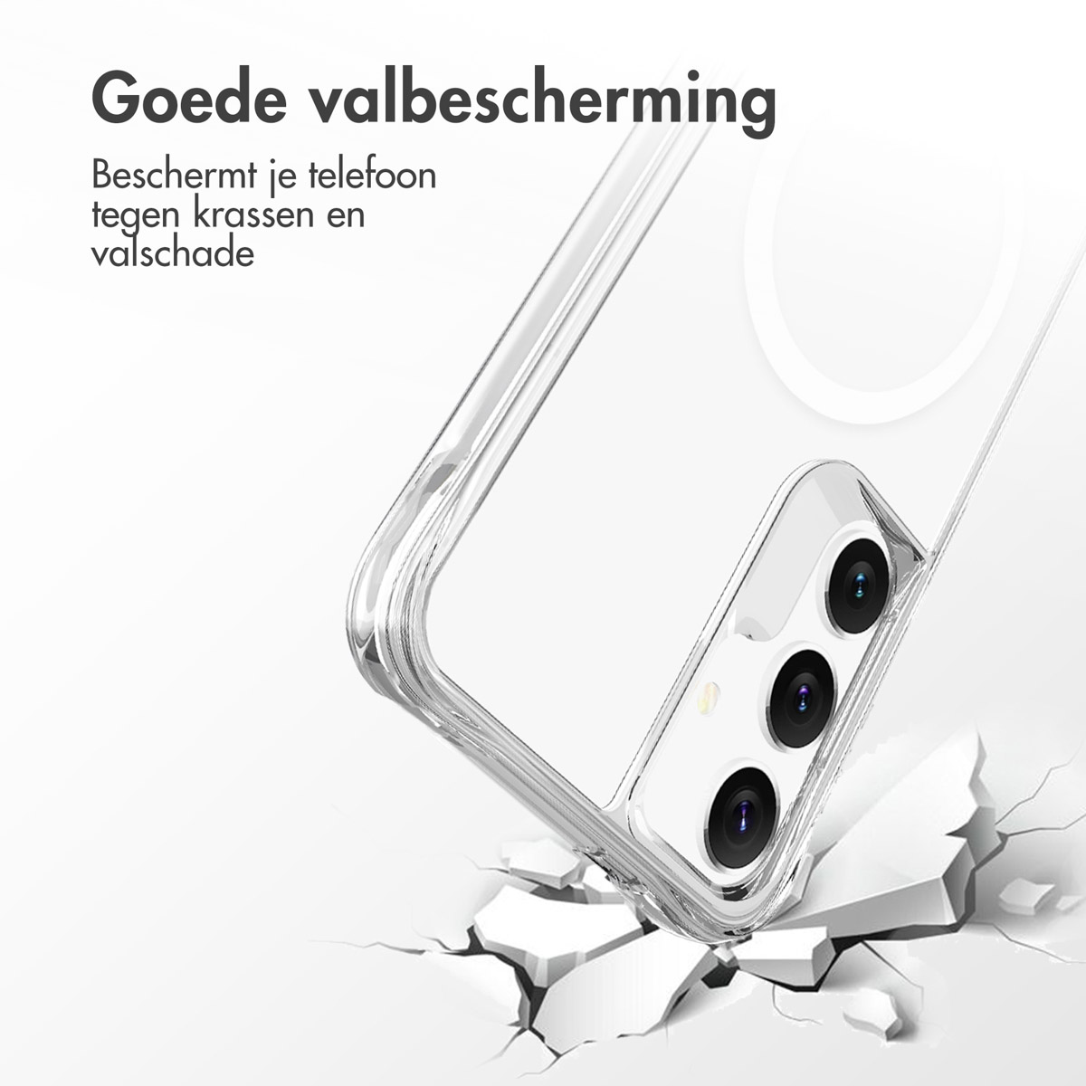 Coque de téléphone transparente au sol. Texte : Bonne protection contre les chutes. Protège votre téléphone des rayures et des dommages liés aux chutes.