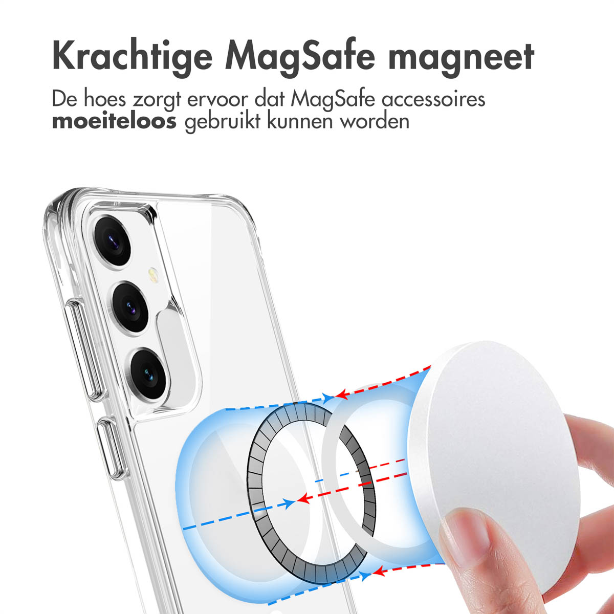 Un étui de téléphone avec un téléphone à l'intérieur est présenté avec un chargeur MagSafe. Le chargeur est attaché.