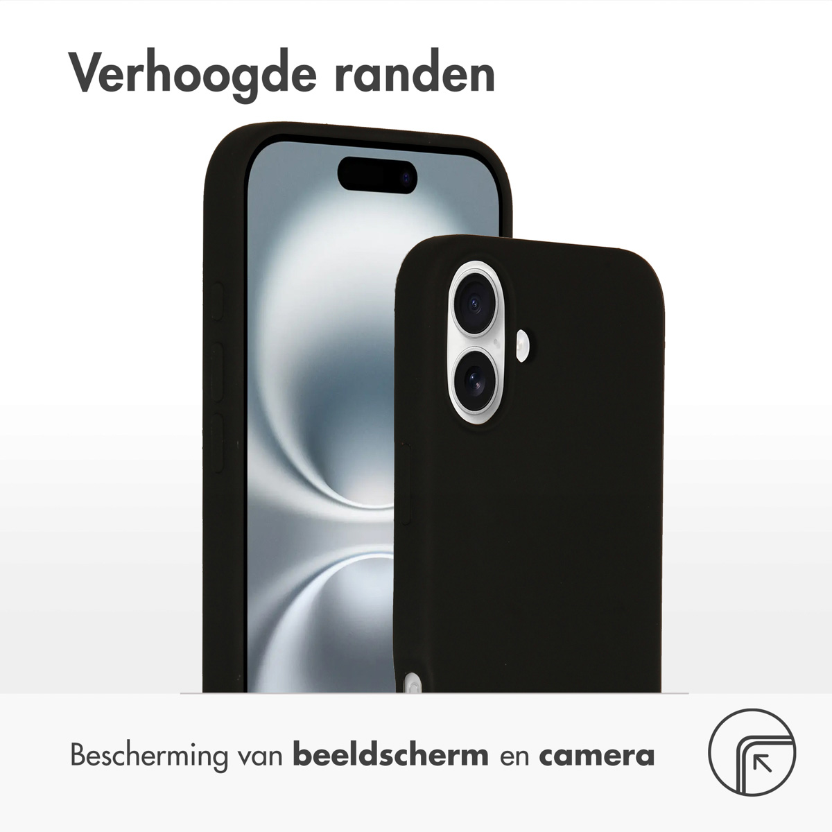 Smartphone dans un étui noir avec texte 'Verhoogde randen', protégeant écran et caméra.