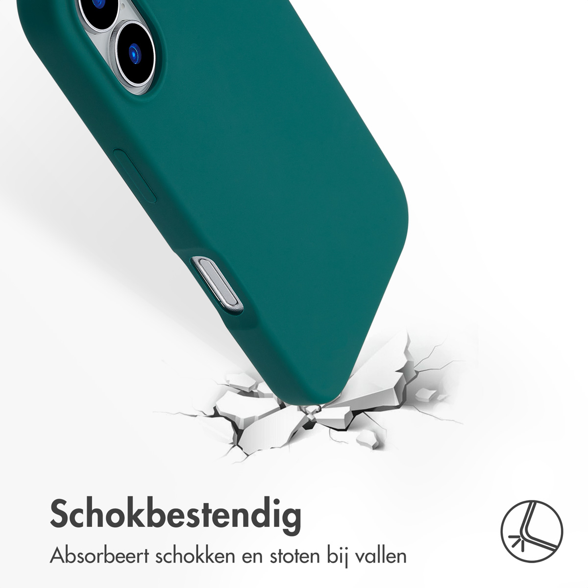 Coque de téléphone verte sur surface blanche avec fissures. Texte : Antichoc.