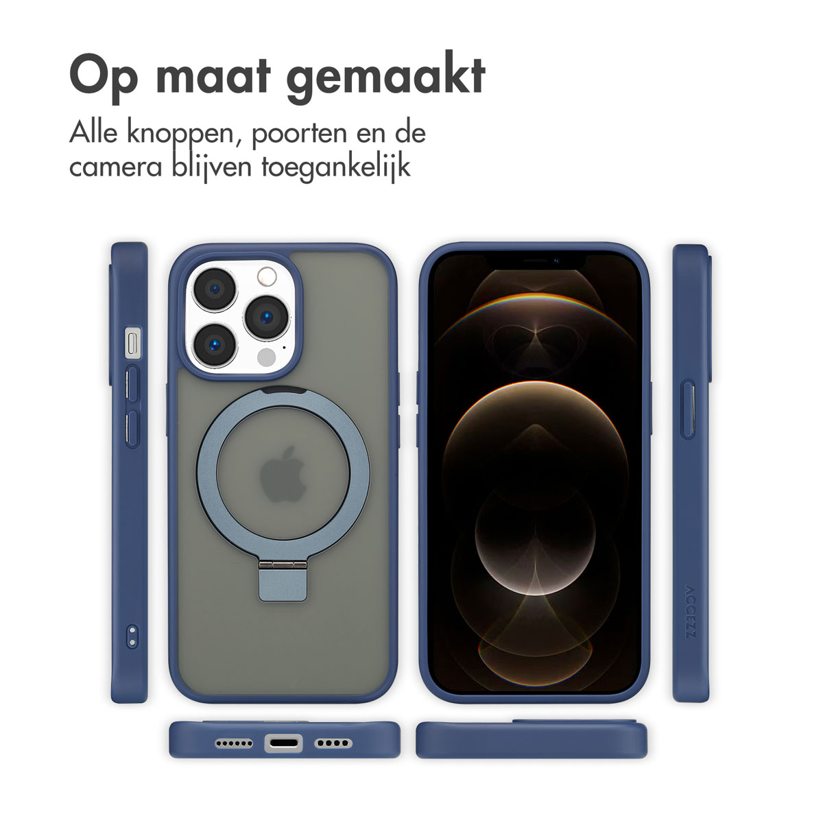 Coque de téléphone bleue avec anneau argenté et téléphone à l'intérieur, vues variées.