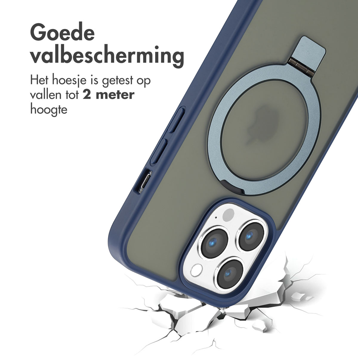 Coque de téléphone bleue et transparente, avec un anneau. L'étui est testé pour des chutes jusqu'à 2 mètres.